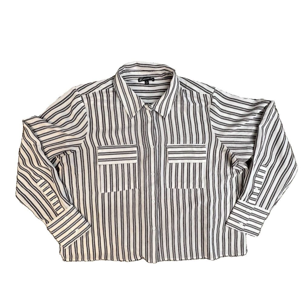 Adrianna Papell Blouse XL Striped Longsleeve Beige Black Office Business